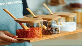 SET 3 CANISTER BAMBOO CON BANDEJA GLASSO